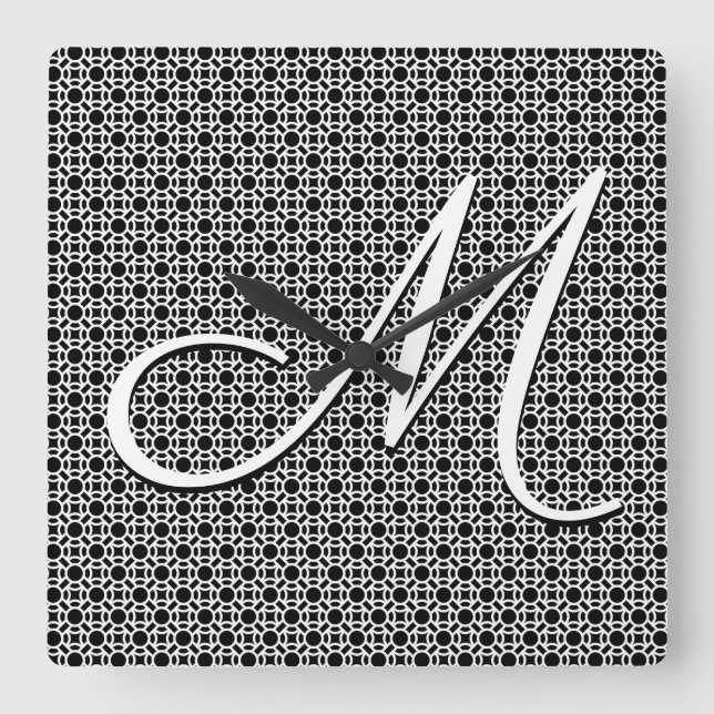 Black & White Geometric Initial Monogram Square Wall Clock (Front)
