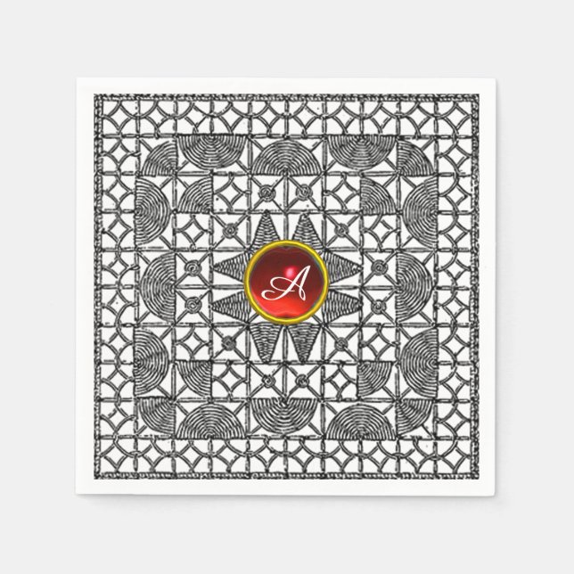 BLACK WHITE GEOMETRIC LACE RED GEM STONE MONOGRAM NAPKIN (Front)
