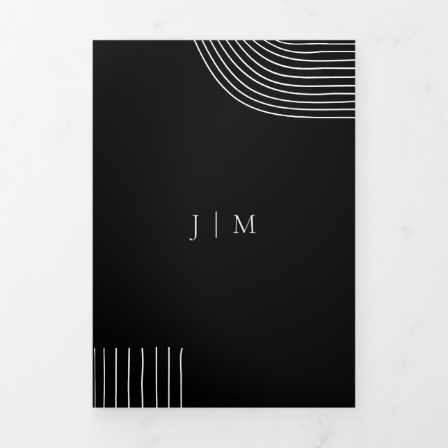 Black White Geometric Line Art Modern Wedding Tri-Fold Card (Cover)