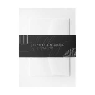 Black White Geometric Line Script Date Wedding Invitation Belly Band