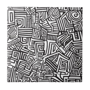 Black White Geometric Maze Abstract Line Ceramic Tile