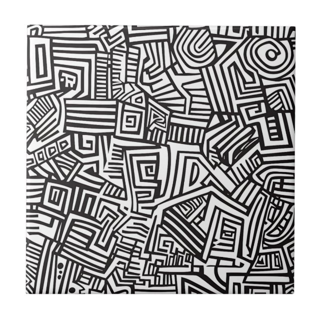 Black White Geometric Maze Abstract Line Ceramic Tile (Front)