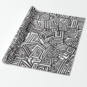 Black White Geometric Maze Abstract Line Wrapping Paper