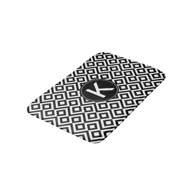 Black White Geometric Meander with Custom Monogram Bath Mat (Angled)