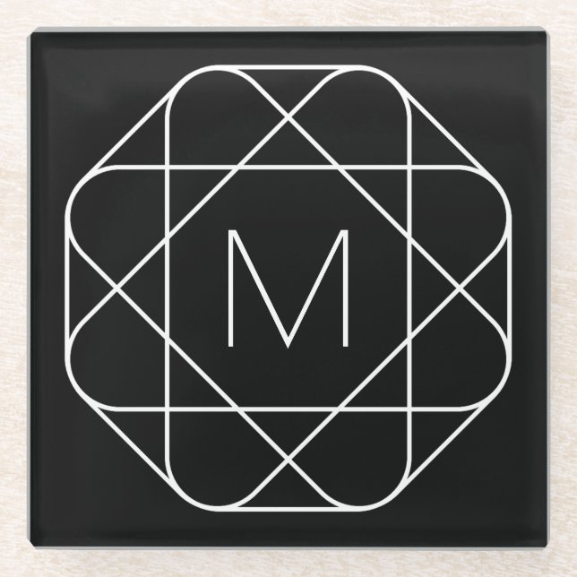 Black & White Geometric Monogram Glass Coaster (Front)