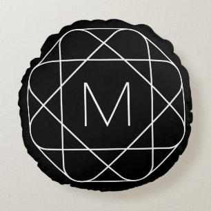 Black & White Geometric Monogram Round Cushion