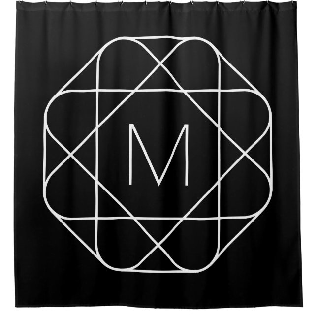 Black & White Geometric Monogram Shower Curtain (Front)