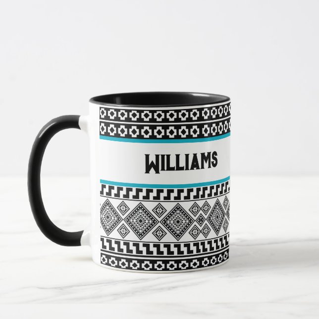 Black White Geometric Polynesian Tribal Monogram Mug (Left)