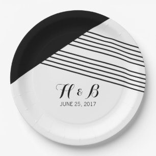 Black White Geometric Stripe Paper Plates