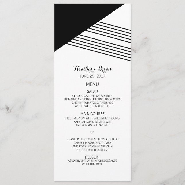 Black White Geometric Stripe Wedding Menu (Front)