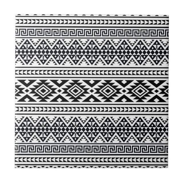 Black White Geometric Tribal Pattern Aztec Boho Ceramic Tile (Front)