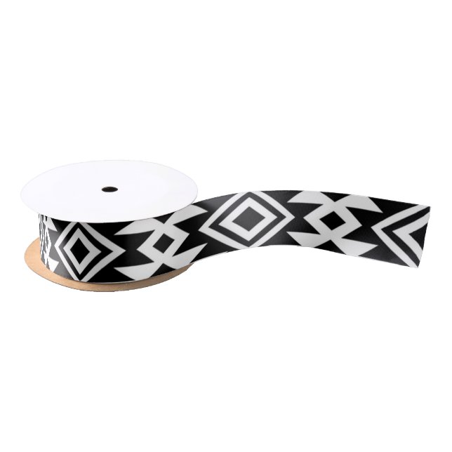 Black White Geometric Tribal Pattern Aztec Boho Satin Ribbon (Spool)