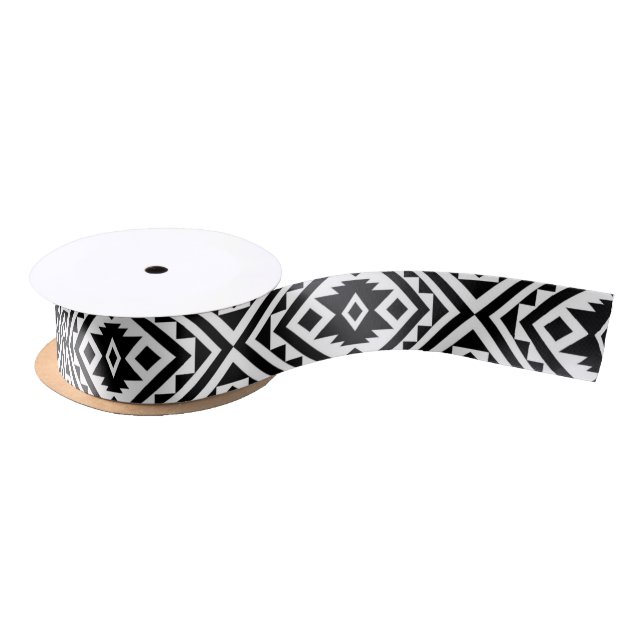 Black White Geometric Tribal Pattern Aztec Boho Satin Ribbon (Spool)