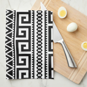 Black White Geometric Tribal Pattern Aztec Boho Tea Towel