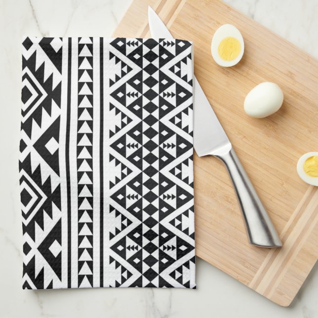 Black White Geometric Tribal Pattern Aztec Boho Tea Towel (Quarter Fold)