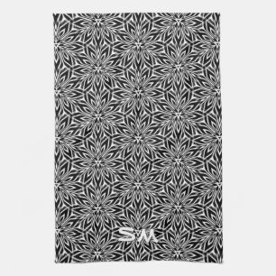 Black White Geometry Orb Monogram Kitchen Decor Tea Towel