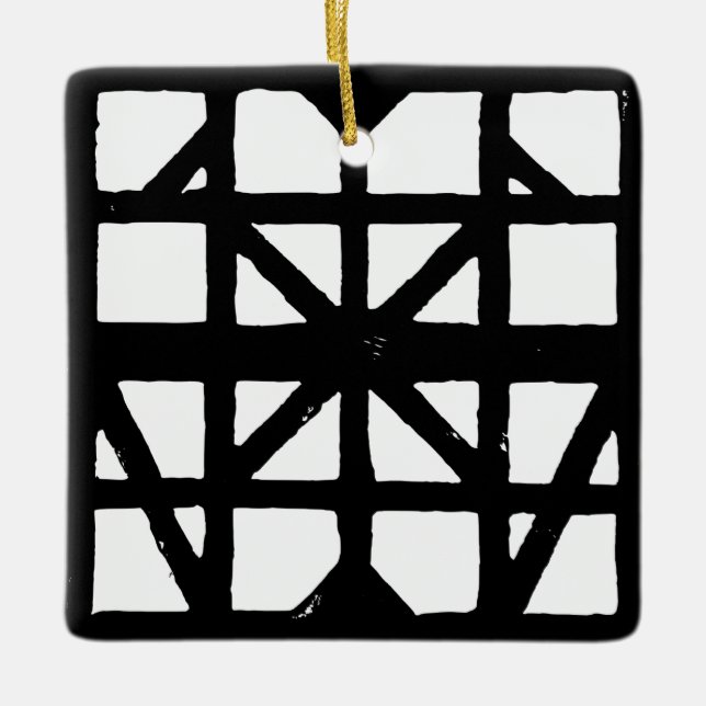 Black & White German Half-Timbered House Pattern Ceramic Ornament (Front)