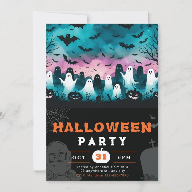 Black & White Ghosts Cemetery Creepy Sky Halloween Invitation (Front)