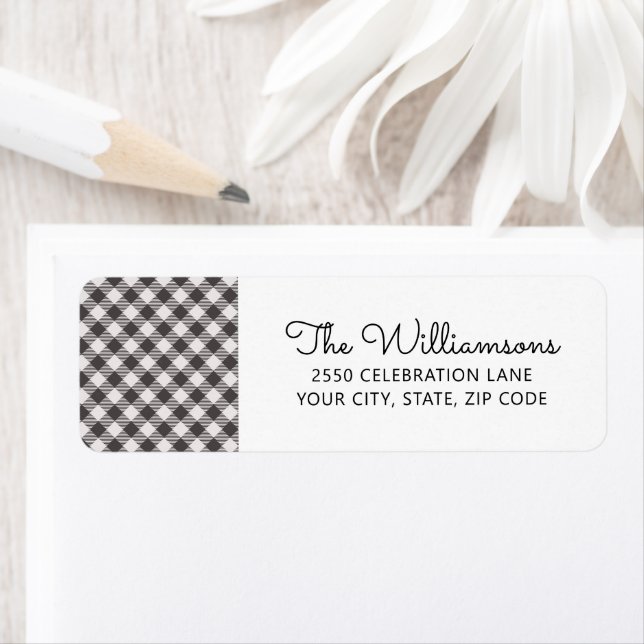 Black White Gingham Check Custom Return Address Label (Insitu)
