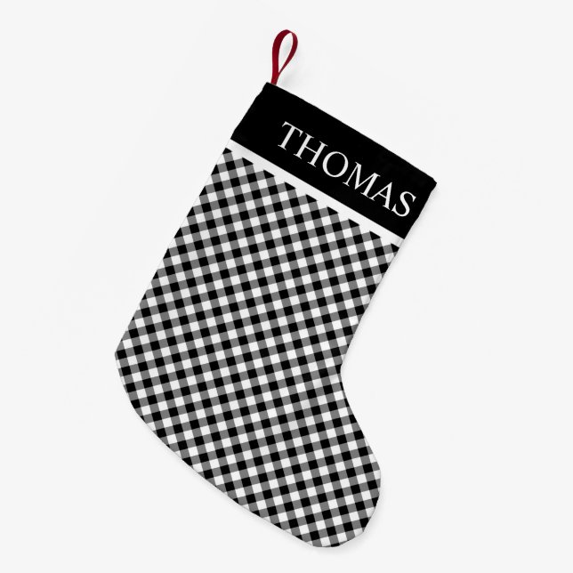 Black White Gingham Custom Name Small Christmas Stocking (Front (Hanging))