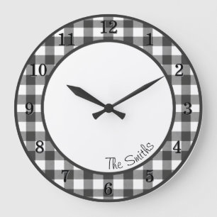 Black White Gingham Farmhouse Kitchen Clock w/Name