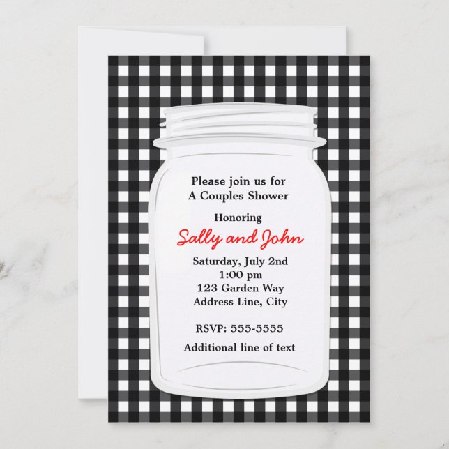 Black White Gingham Mason Jar Country Invitation (Front)