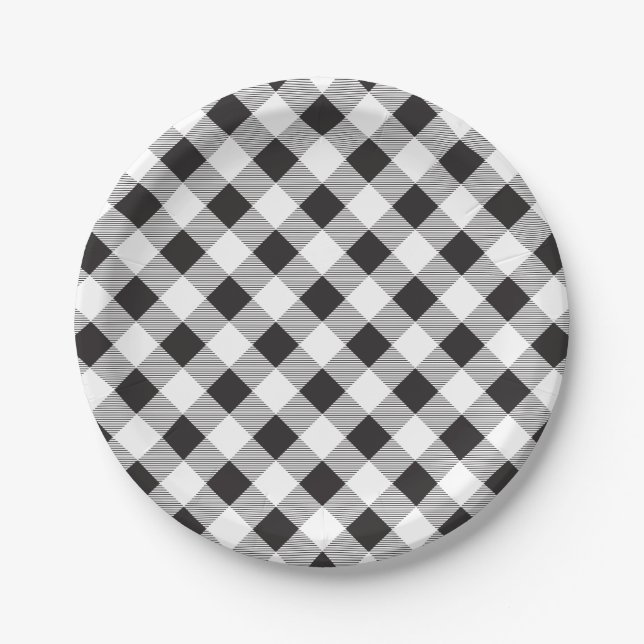 Black & White Gingham Pattern, Picnic, BBQ Paper Plate (Front)