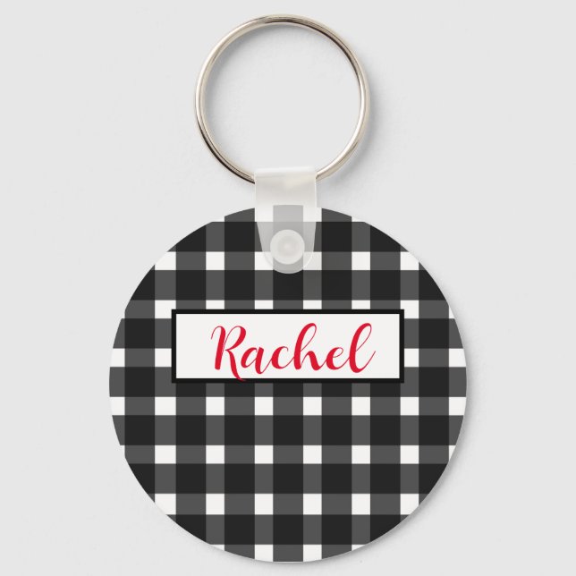 Black White Gingham Personalised Key Ring (Front)