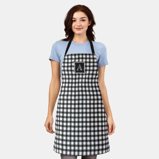 Black White Gingham Plaid Chequered Modern Monogra Apron (Worn)