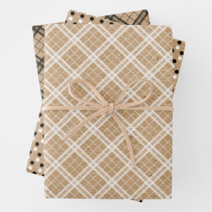 Black White Gingham Polkadots On Faux Brown Kraft Wrapping Paper Sheet