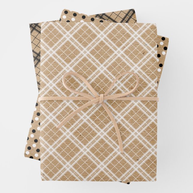 Black White Gingham Polkadots On Faux Brown Kraft Wrapping Paper Sheet (In situ)