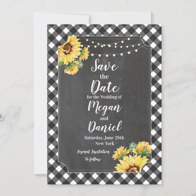 Black White Gingham Sunflower Chalk Save The Date (Front)