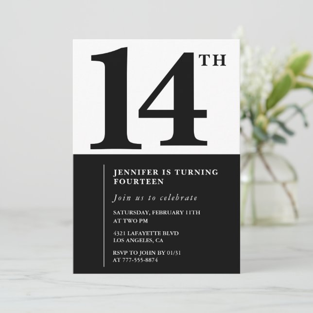 Black White Girl 14th birthday invitation Simple (Standing Front)