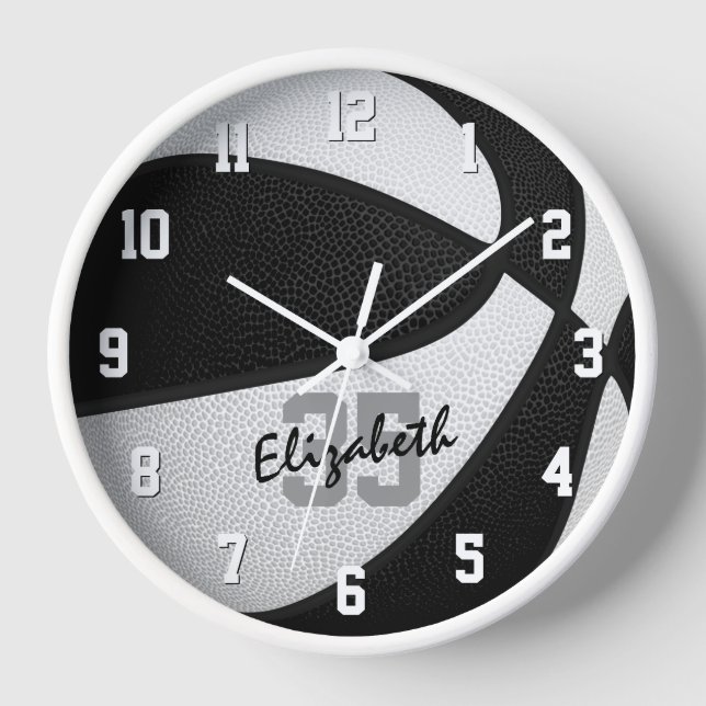 black white girls boys basketball personalized clock (Front)