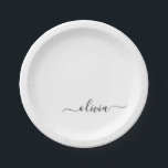 Black White Girly Script Monogram Name Modern Paper Plate<br><div class="desc">White and Black Monogram Add Your Own Name Script Party Plates. This makes the perfect sweet 16 birthday,  wedding,  bridal shower,  anniversary,  baby shower or bachelorette party gift for someone that loves glam luxury and chic styles.</div>