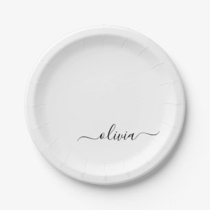 Black White Girly Script Monogram Name Modern Paper Plate
