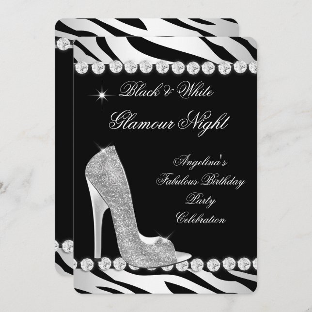 Black White Glamour Night Zebra Glitter Shoes Invitation (Front/Back)