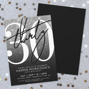 Black White Glitter 30th Birthday Invitation