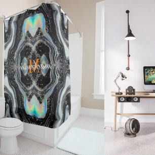 Black White Glitter Alcohol Ink Backdrop Monogram  Shower Curtain