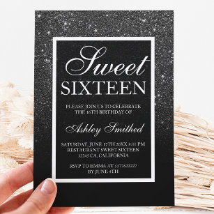 black white glitter elegant script chic Sweet 16 Invitation