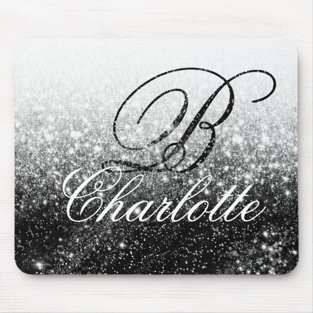 Black White Glitter Girly Script Monogram Name Mouse Pad (Front)