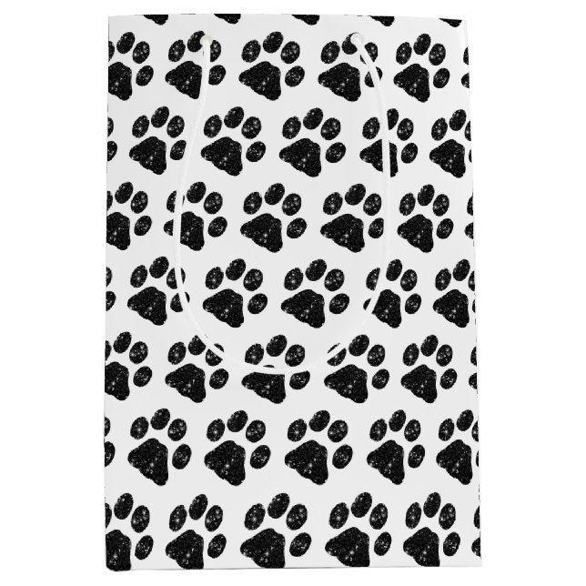 Black White Glitter Paw Print Medium Gift Bag (Front)