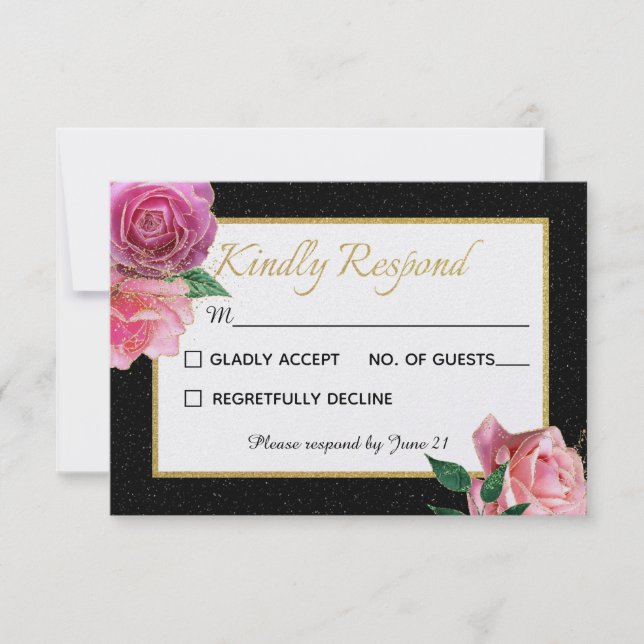 Black & White Glitter & Pink Roses Wedding RSVP Card (Front)