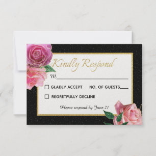 Black & White Glitter & Pink Roses Wedding RSVP Card