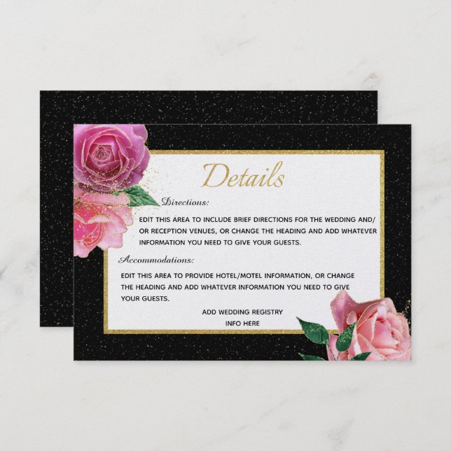 Black White Glitter & Pink Roses with Gold Details Enclosure Card (Front/Back)