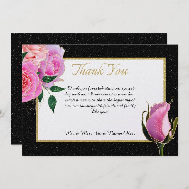 Black & White Glitter & Pink Roses with Gold Thank You Card (Front/Back)