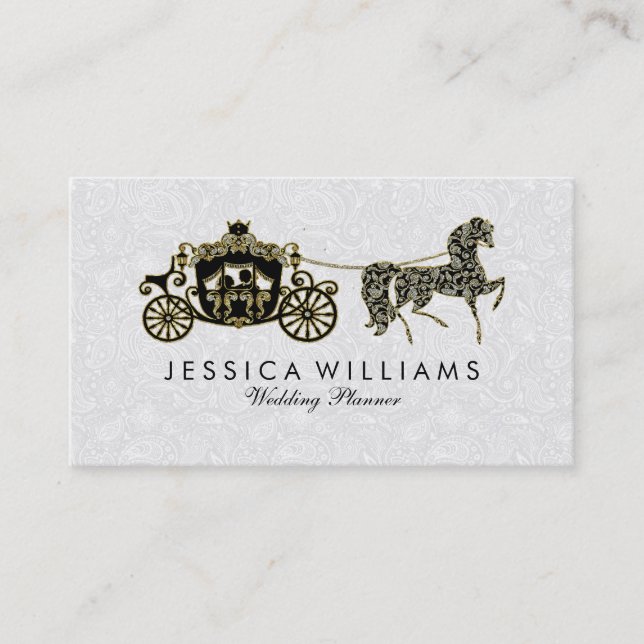 Black White & Glitter Wedding Horse & Carriage Business Card (Front)