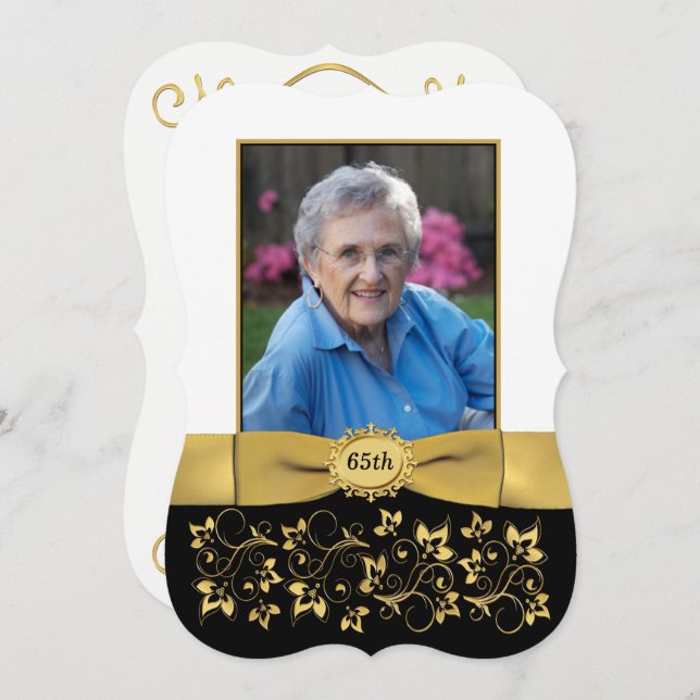 Black, White, Gold 65th Photo Birthday Invite 2 (Front/Back)