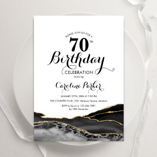 Black White Gold Agate 70th Birthday Invitation