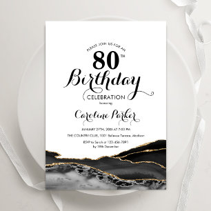 Black White Gold Agate 80th Birthday Invitation
